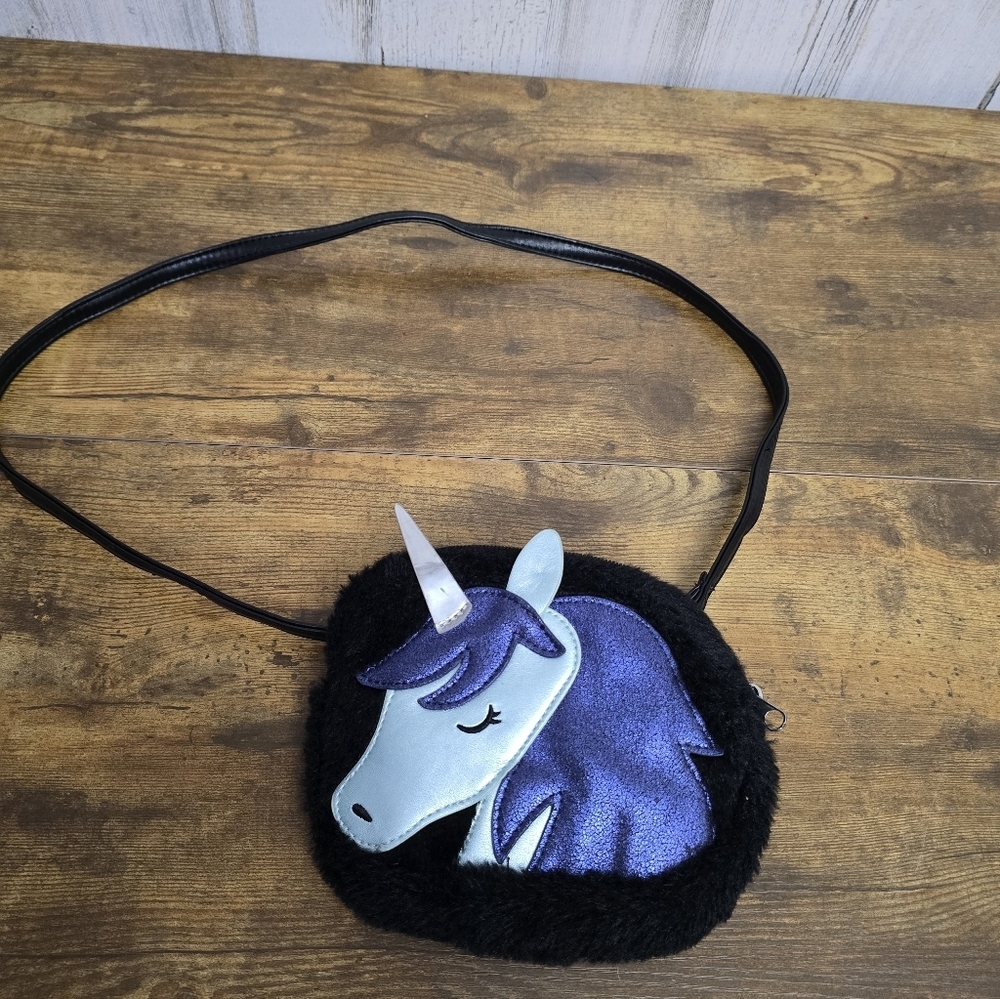 Unicorn Crossbody Bag for Kids, Black and Purple Faux Fur Unbranded